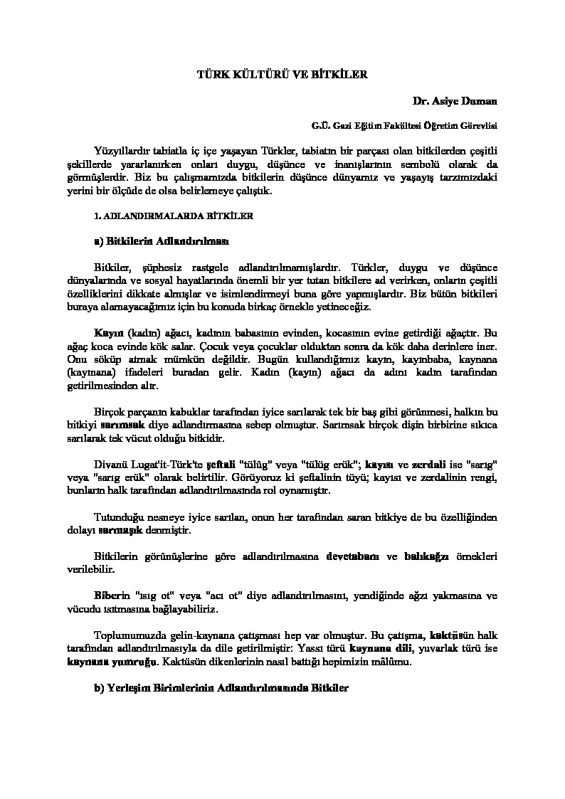 Asiye Duman - Türk Kültürü ve Bitgiler - Makale